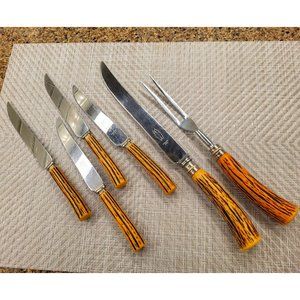 VTG E Parker & Sons Stainless Bakelite Antler Handled Knife Carving Cutlery Set